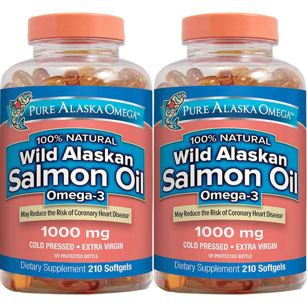 Pure Alaska Omega Wild Salmon Oil softgels bottle for daily omega-3 intake, may support heart health.