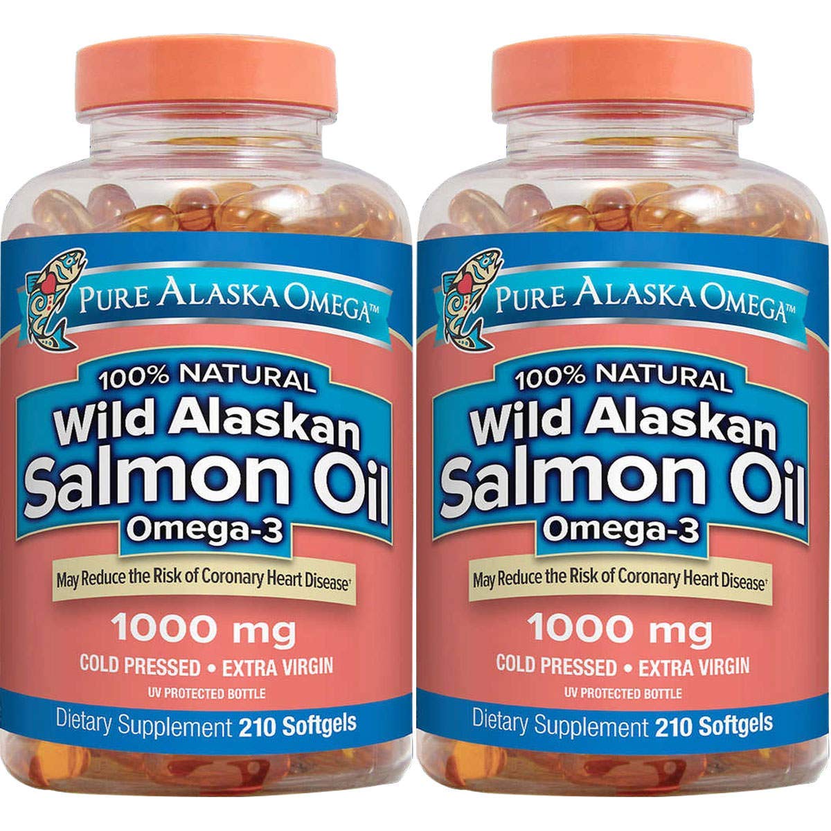 Pure Alaska Omega Wild Salmon Oil softgels bottle for daily omega-3 intake, may support heart health.