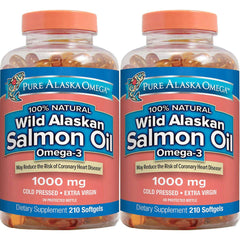 Pure Alaska Omega Wild Salmon Oil softgels bottle for daily omega-3 intake, may support heart health.