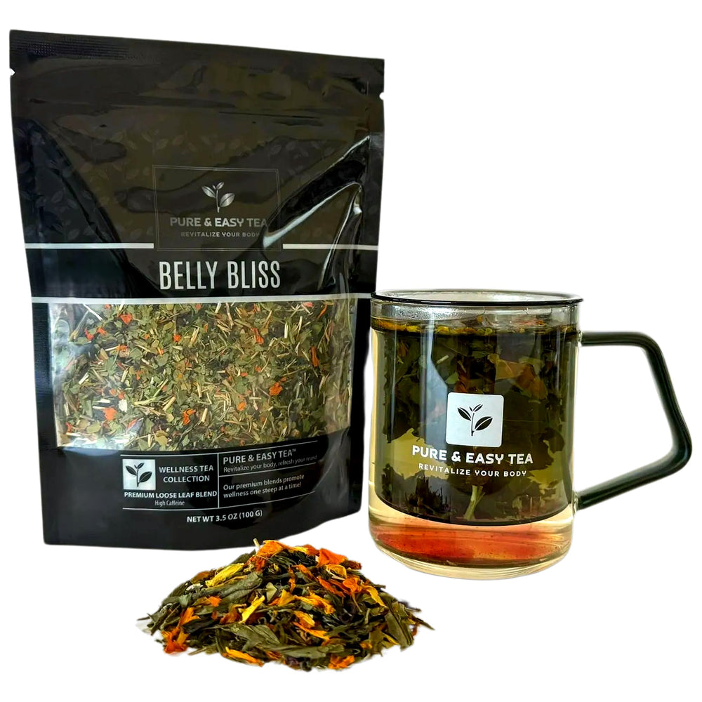 Pure And Easy Tea Belly Bliss loose leaf blend with Yerba Mate and Dandelion promotes digestive comfort