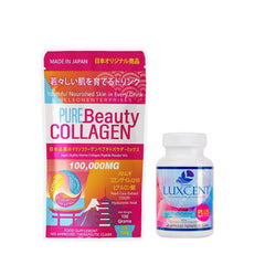 Pure Beauty Collagen and Luxcent packaging duo, highlighting a Japan-made formula for daily beauty routines.