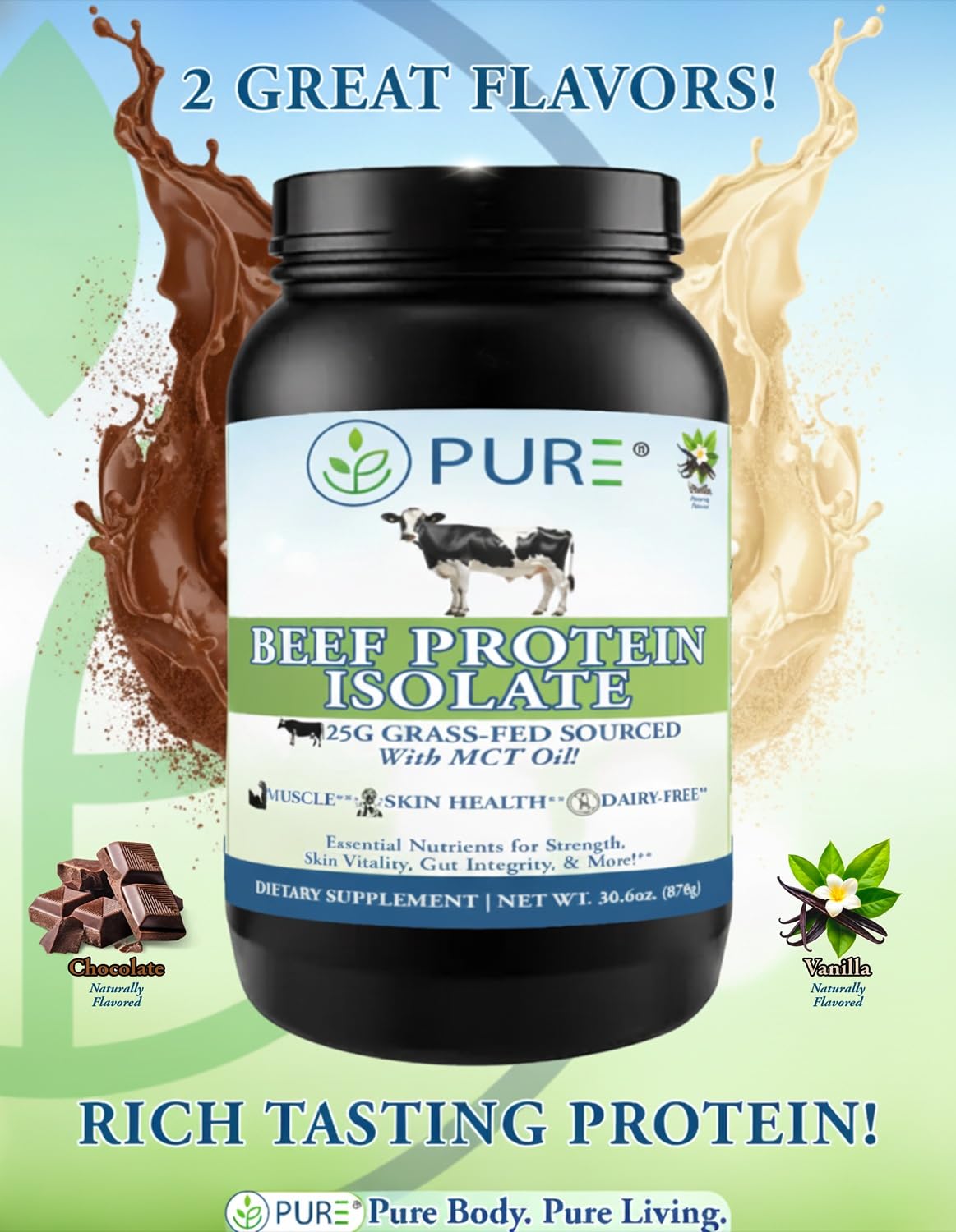 PURE Beef Protein Isolate scoop pouring powder ideal for quick post-workout protein intake