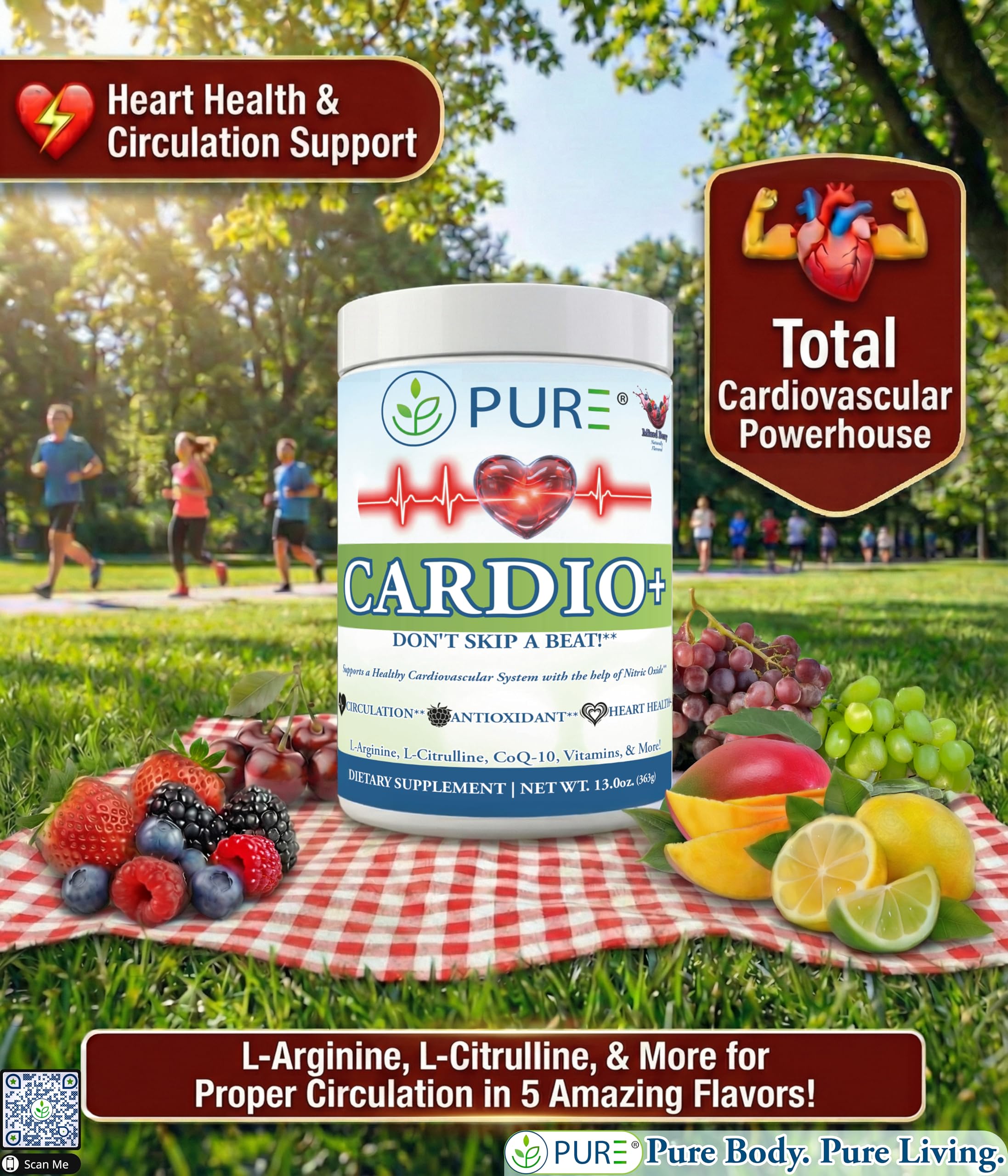 PURE Cardio+ mango serving scoop ready to mix for on-the-go energy.