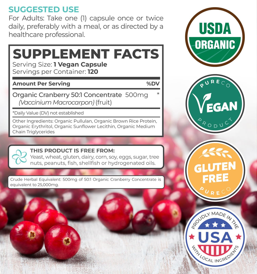 Pure Co Cranberry Pills fresh cranberries visual evokes natural flavor and farm-sourced goodness.