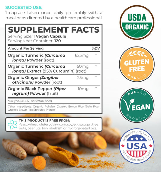 Pure Co organic turmeric powder highlights whole-food benefits for daily use.