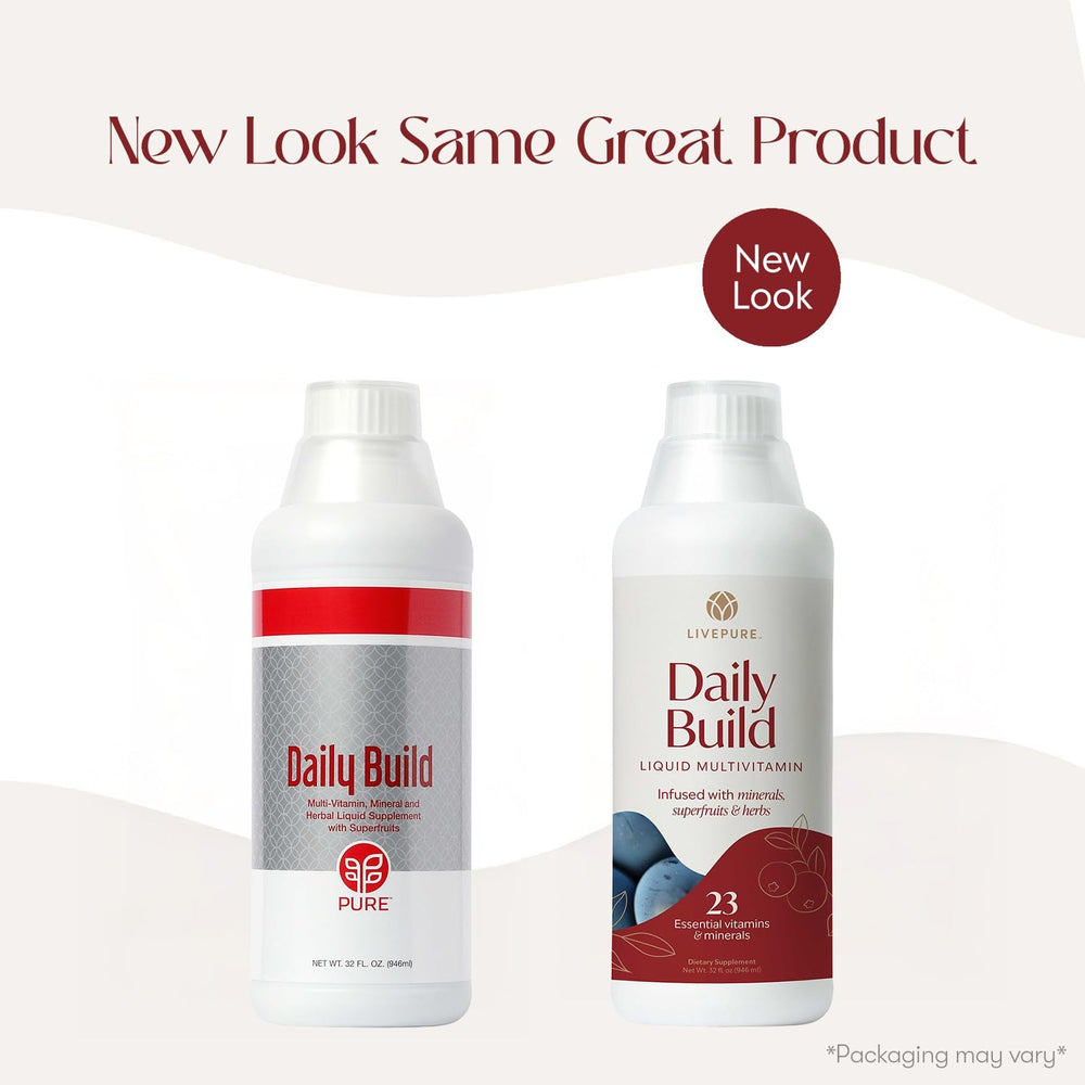 PURE Daily Build bottle being poured into a glass for quick daily wellness