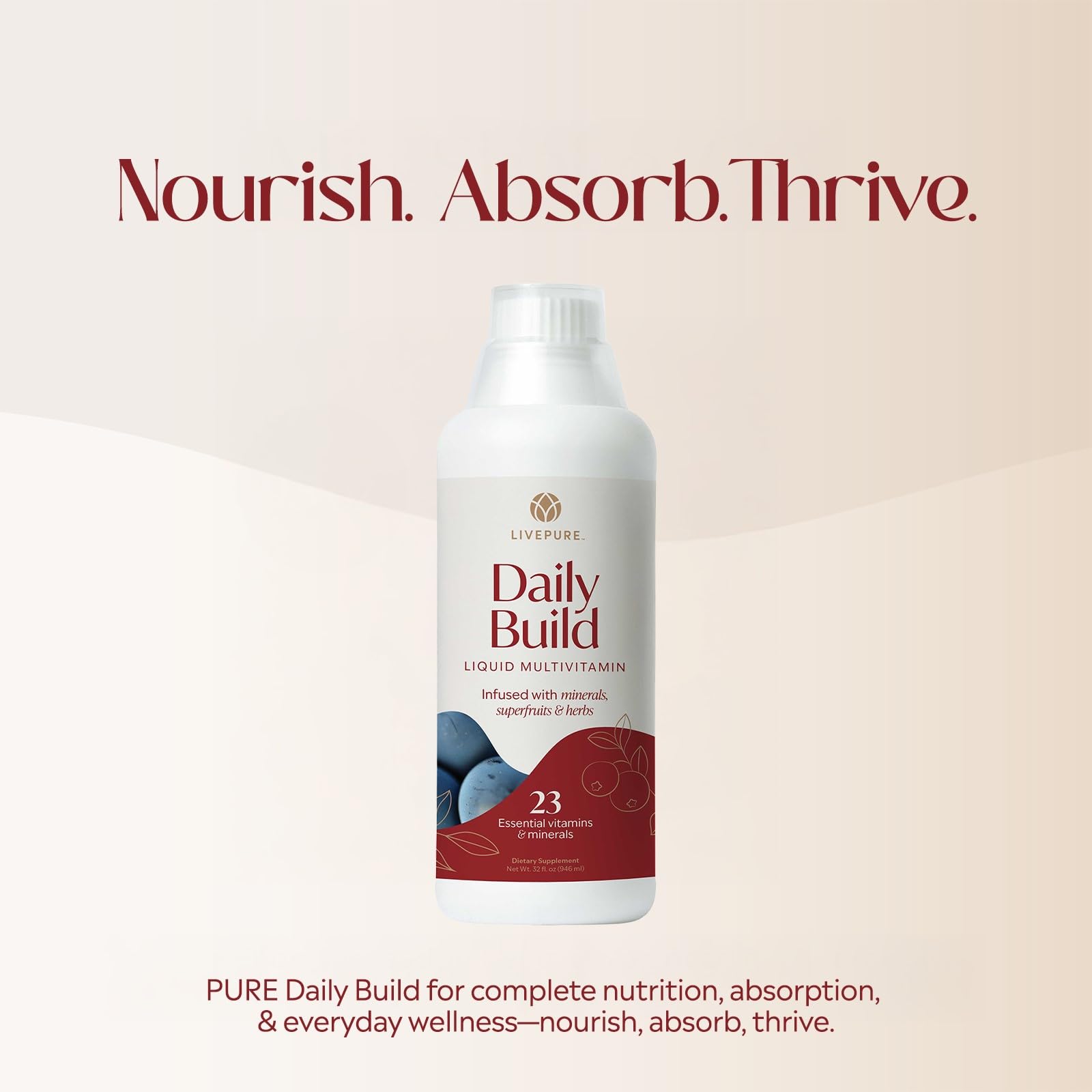 PURE Daily Build label with spoon showcasing blends and botanicals