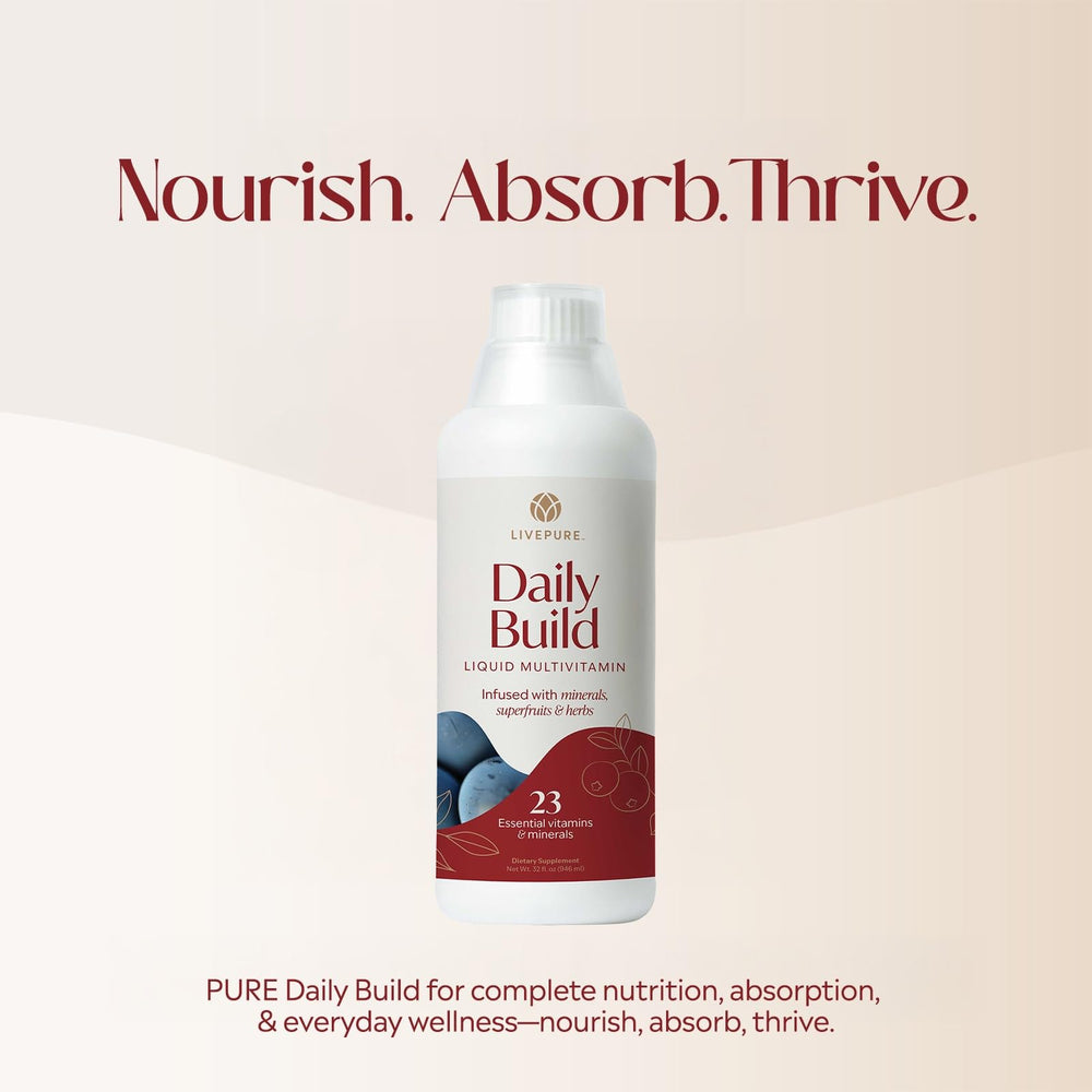 PURE Daily Build label with spoon showcasing blends and botanicals