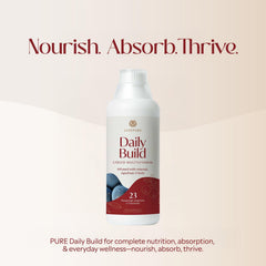 PURE Daily Build label with spoon showcasing blends and botanicals