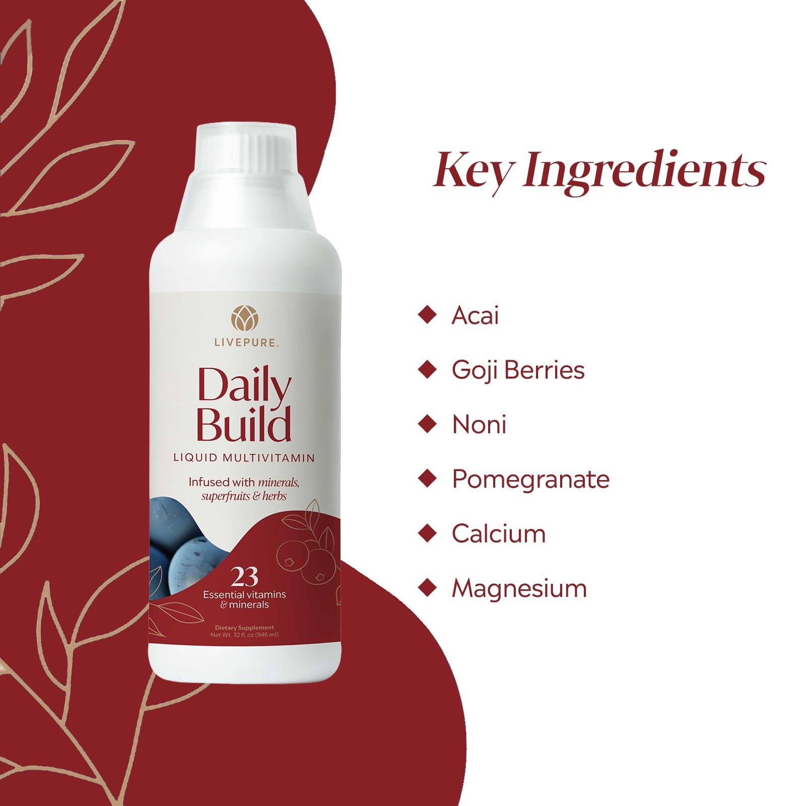 PURE Daily Build liquid poured into a glass for convenient daily use