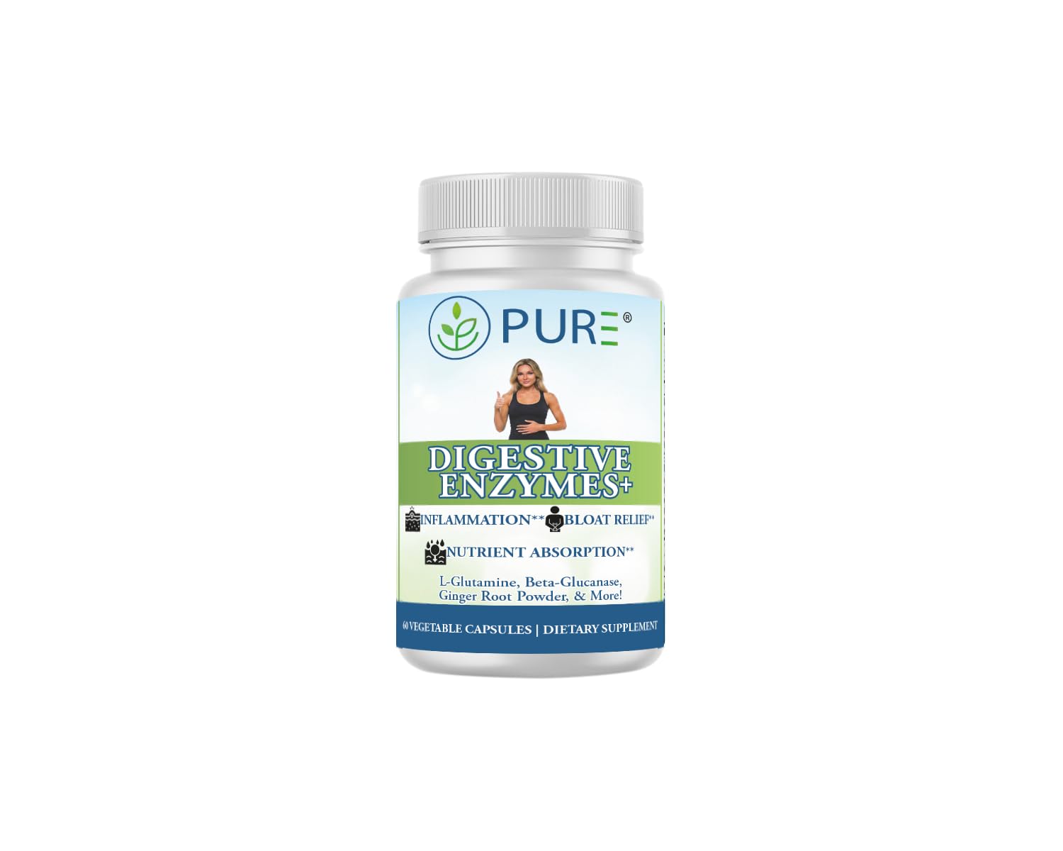 PURE Digestive Enzymes+ bottle front label highlighting the advanced enzyme blend.