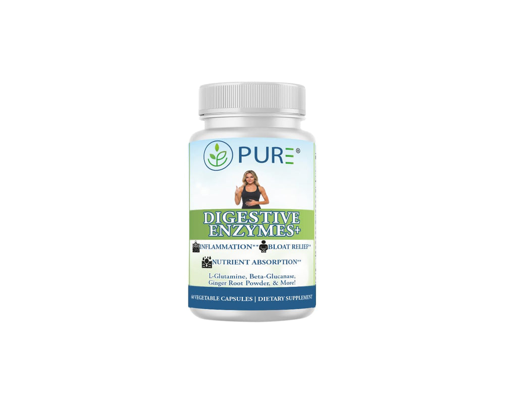 PURE Digestive Enzymes+ bottle front label highlighting the advanced enzyme blend.