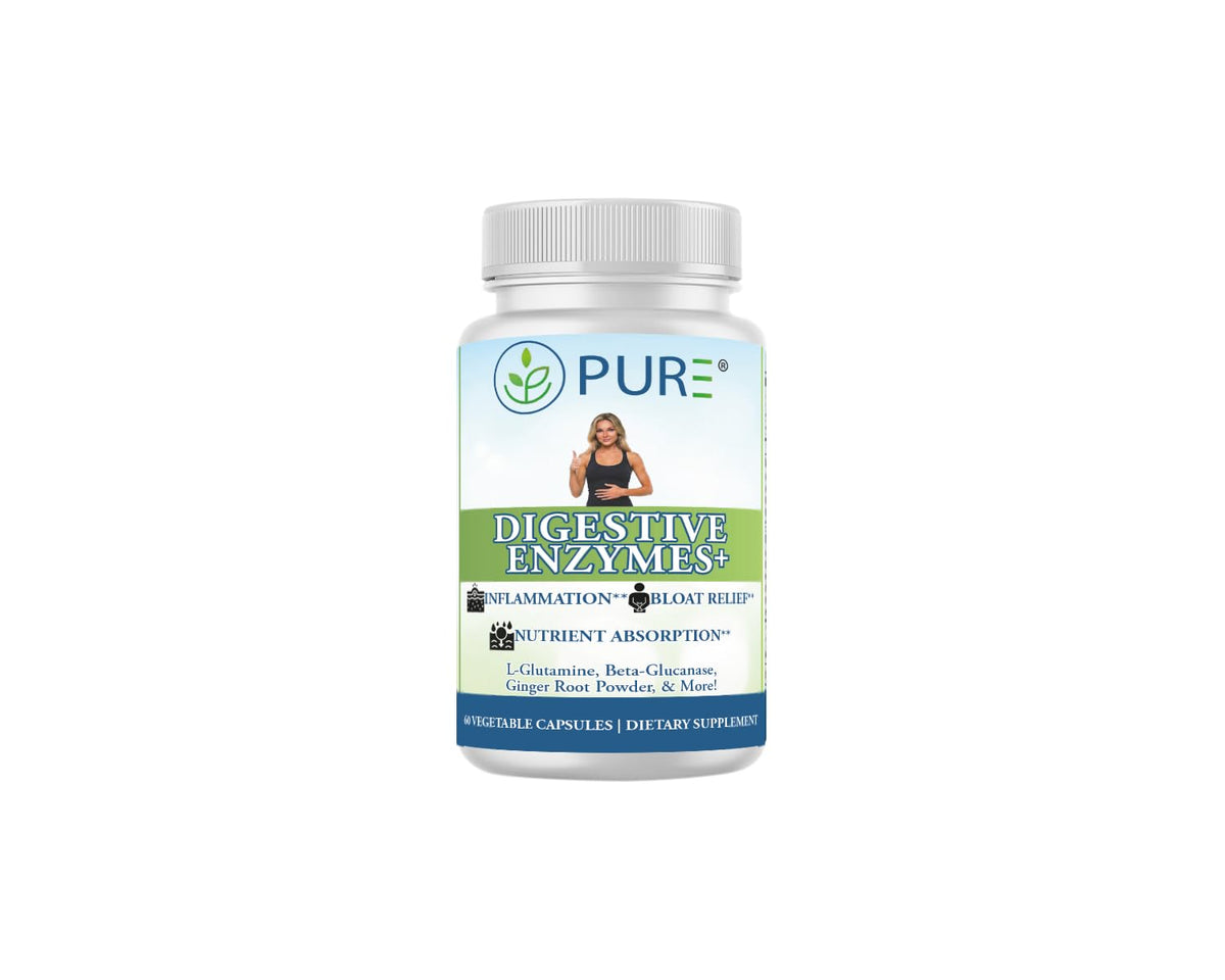 PURE Digestive Enzymes+ bottle front label highlighting the advanced enzyme blend.