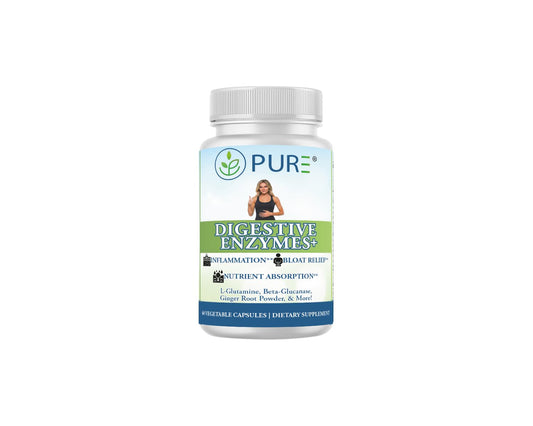 PURE Digestive Enzymes+ bottle front label highlighting the advanced enzyme blend.