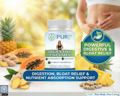 PURE Digestive Enzymes+ capsules close-up shows easy-to-swallow veggie capsules.