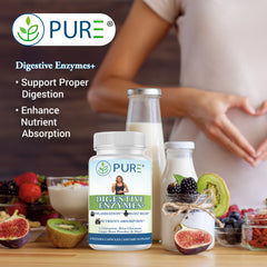 Ingredients panel emphasizes protease, lipase, and lactase for fat and protein digestion.