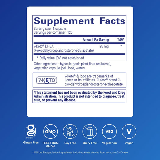 Close-up of Pure Encapsulations 7-Keto DHEA capsules for daily use.