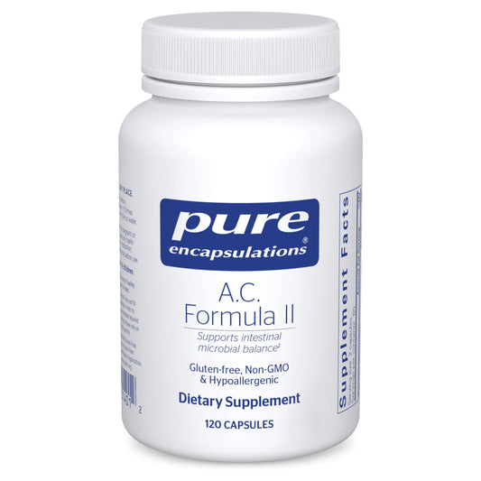 Pure Encapsulations A.C. Formula II bottle with capsules supports digestive balance for sensitive individuals.