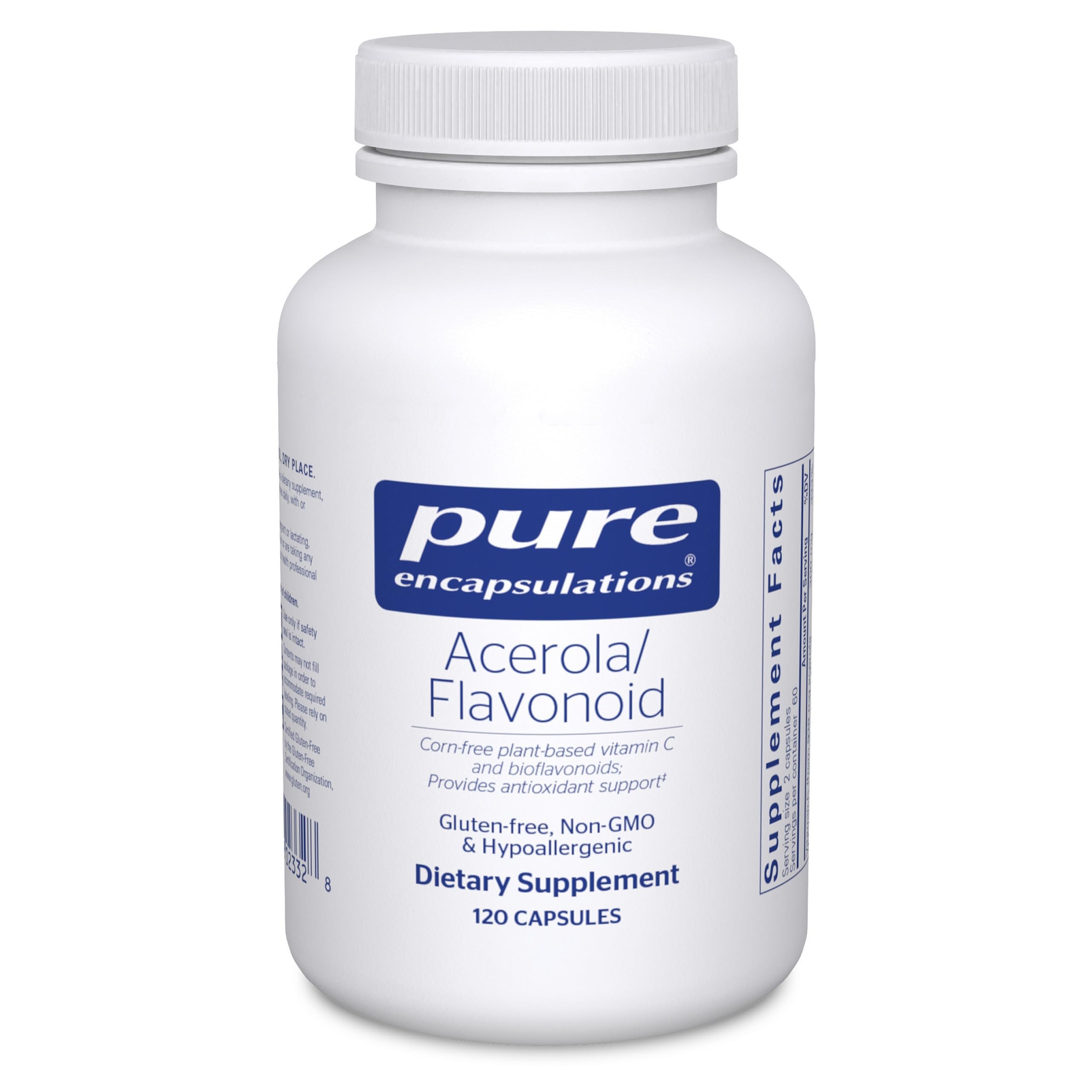 Pure Encapsulations Acerola/Flavonoid bottle featuring corn-free vitamin C and bioflavonoids.