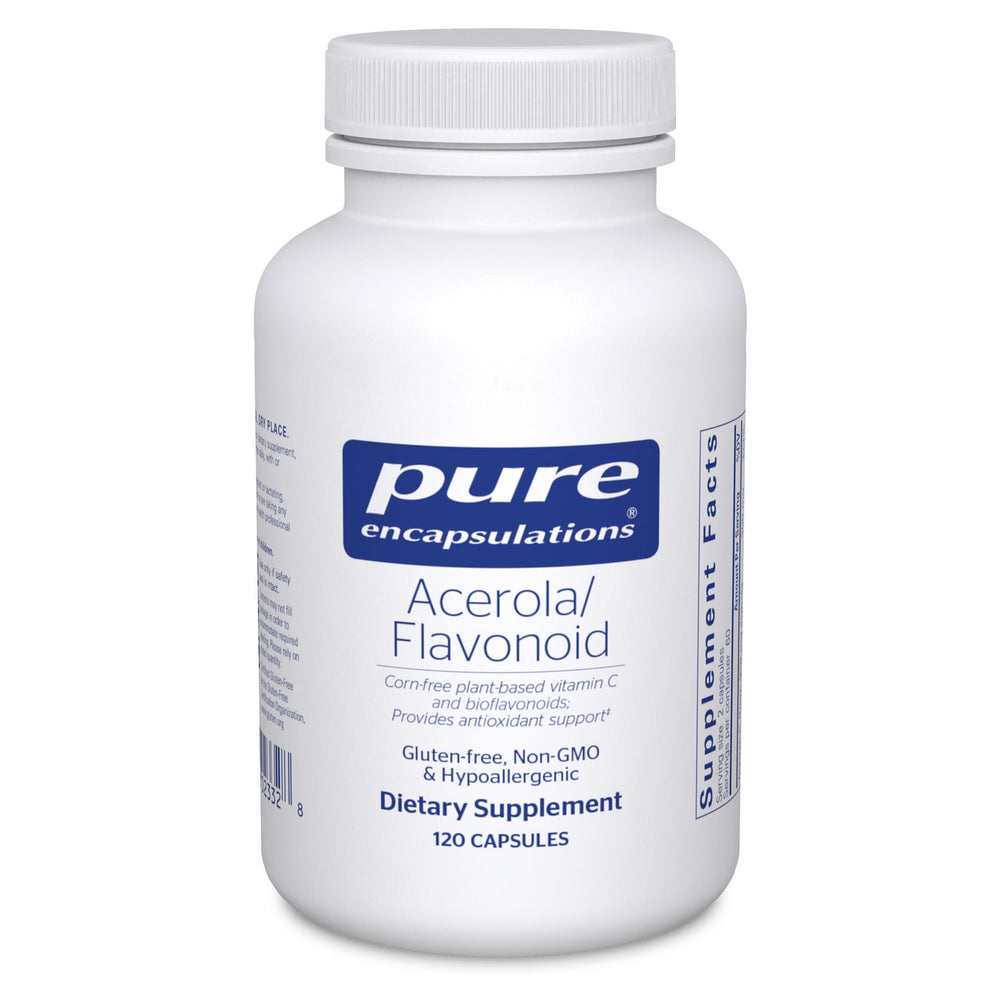 Pure Encapsulations Acerola/Flavonoid bottle featuring corn-free vitamin C and bioflavonoids.