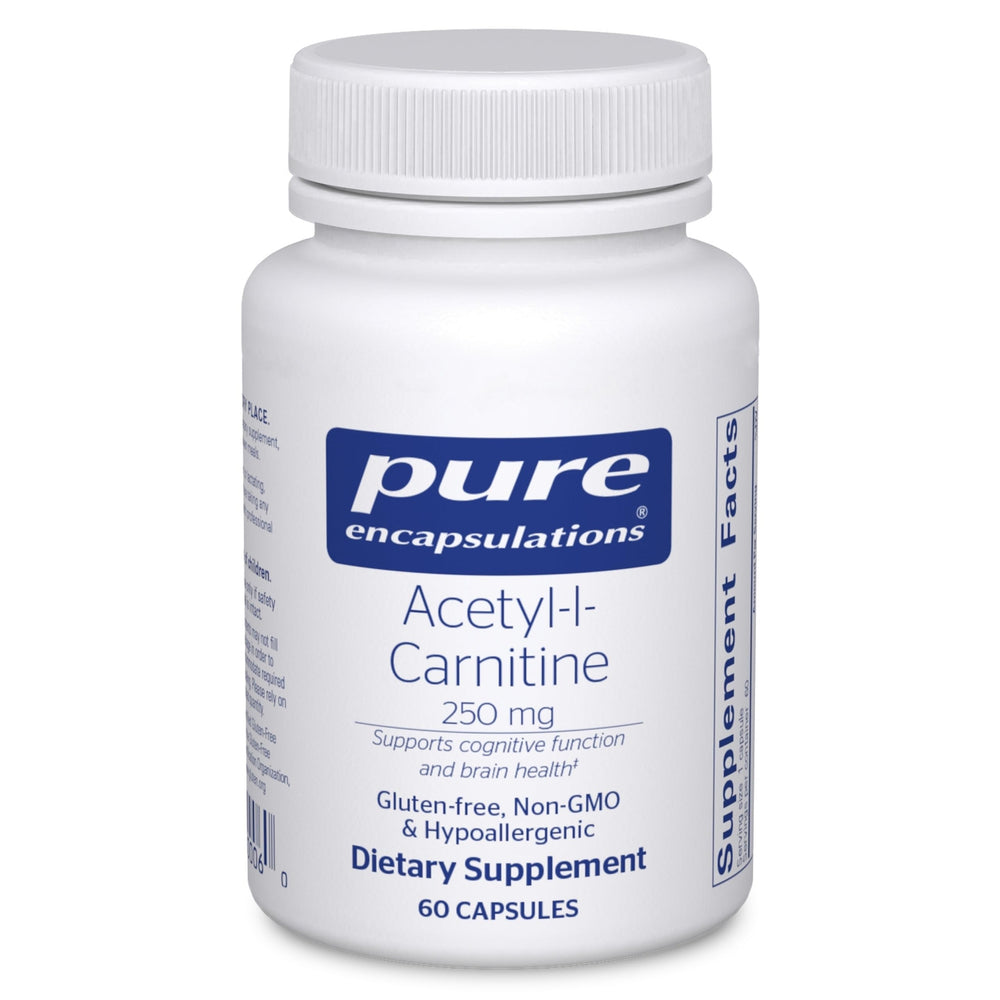 Pure Encapsulations Acetyl-L-Carnitine 250 mg bottle, clear label, supports memory and focus.