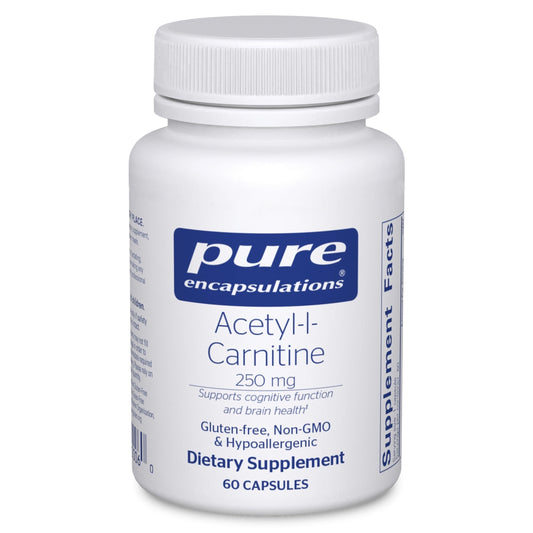 Pure Encapsulations Acetyl-L-Carnitine 250 mg bottle, clear label, supports memory and focus.