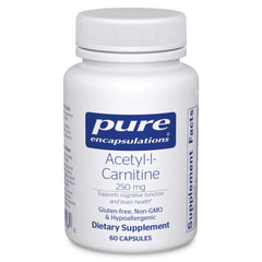 Pure Encapsulations Acetyl-L-Carnitine 250 mg bottle, clear label, supports memory and focus.