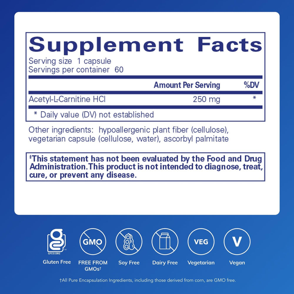 Acetyl-L-Carnitine 250 mg capsules by Pure Encapsulations for brain health.