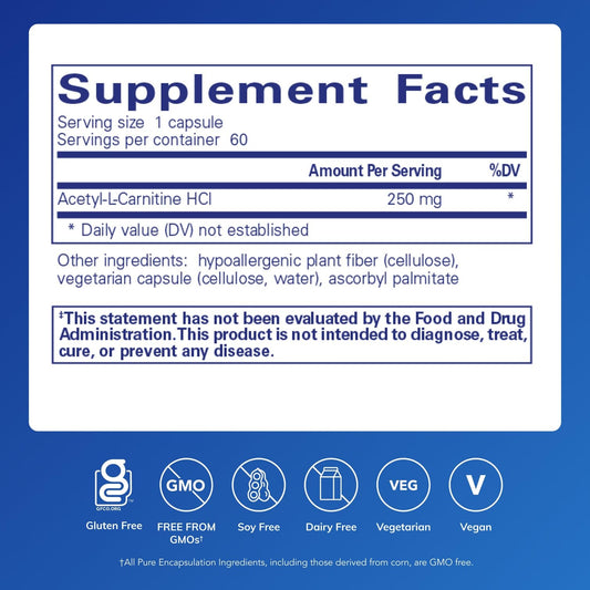 Acetyl-L-Carnitine 250 mg capsules by Pure Encapsulations for brain health.