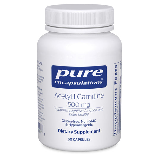 Pure Encapsulations Acetyl-L-Carnitine 500mg bottle shown for easy daily brain support.
