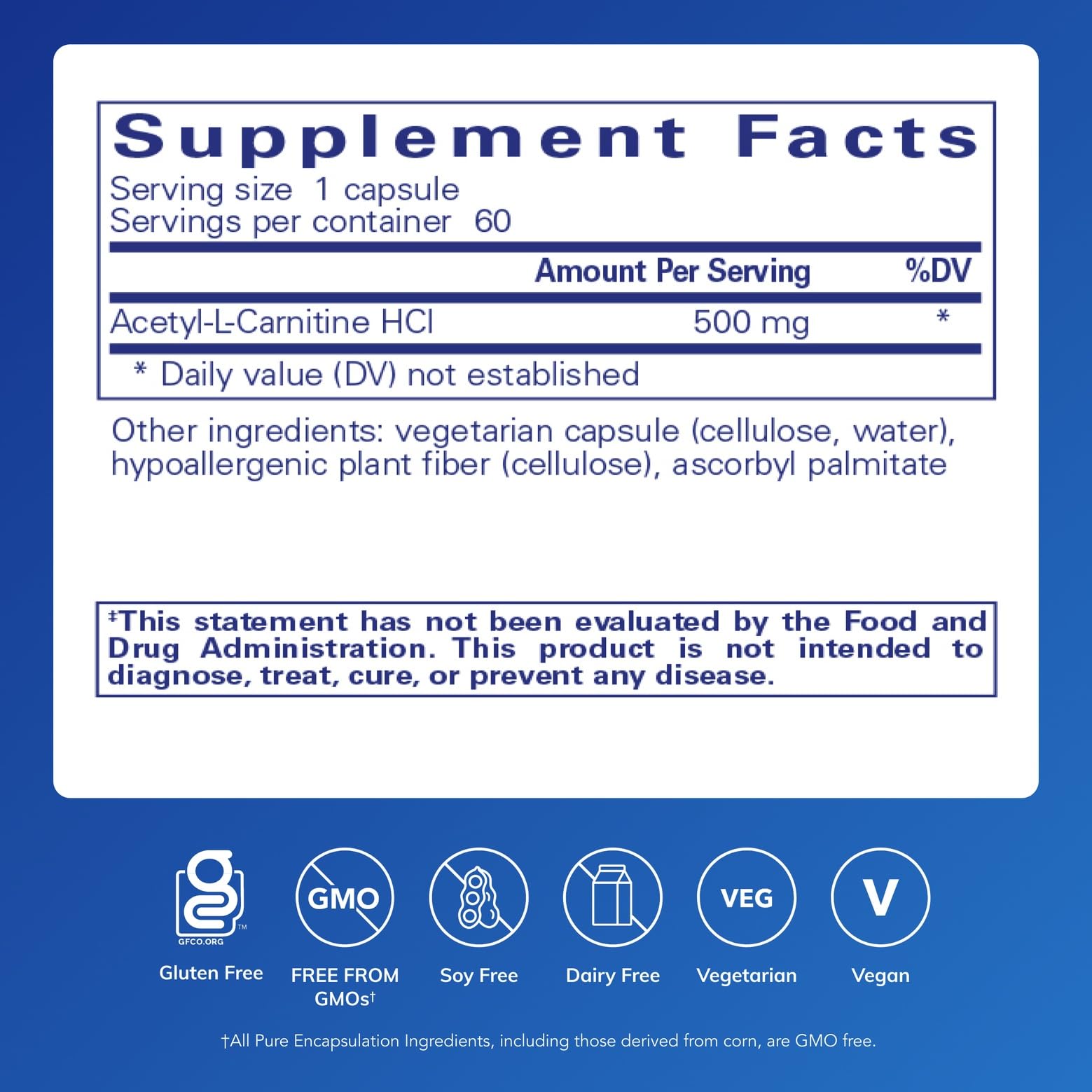 Close-up of Acetyl-L-Carnitine capsules highlighting vegan, gluten-free formula.