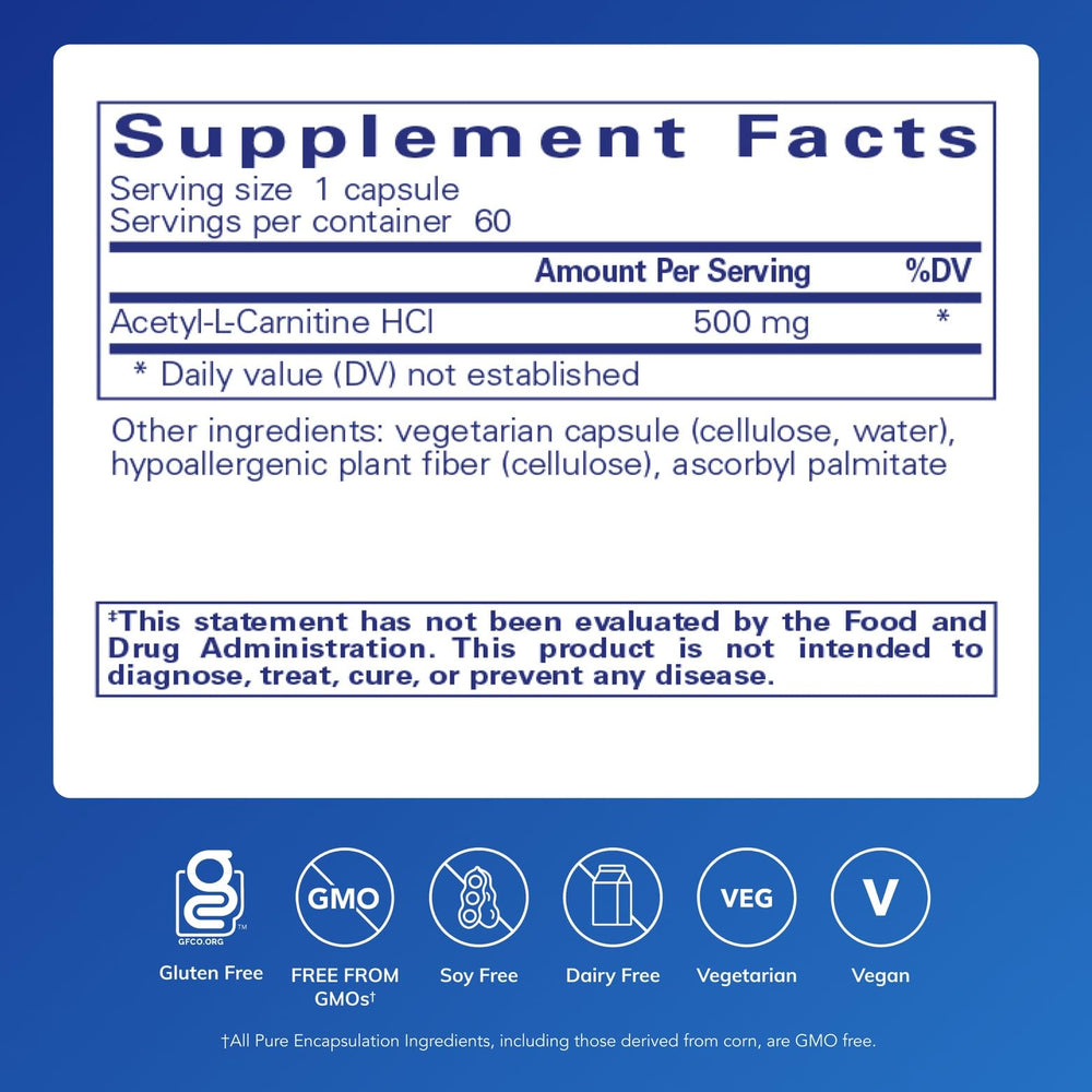 Close-up of Acetyl-L-Carnitine capsules highlighting vegan, gluten-free formula.