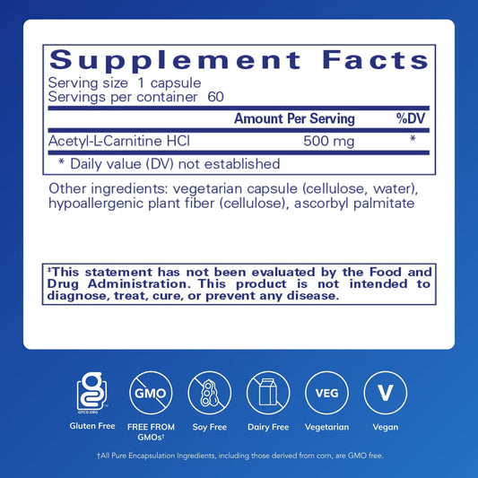 Close-up of Acetyl-L-Carnitine capsules highlighting vegan, gluten-free formula.