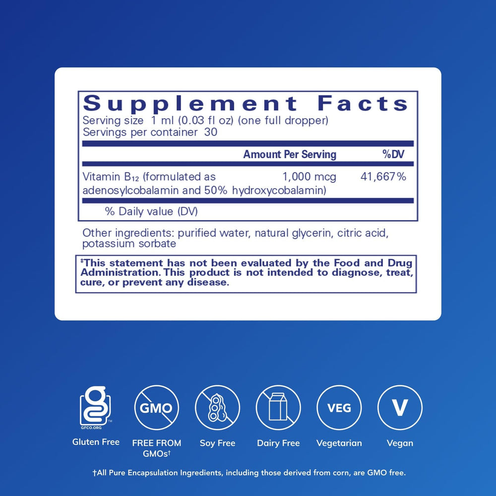Pure Encapsulations Adenosyl/Hydroxy B12 Liquid label showing clean vegan formula