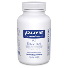 Pure Encapsulations AI Enzymes bottle label highlighting plant enzymes for joint and digestion support.