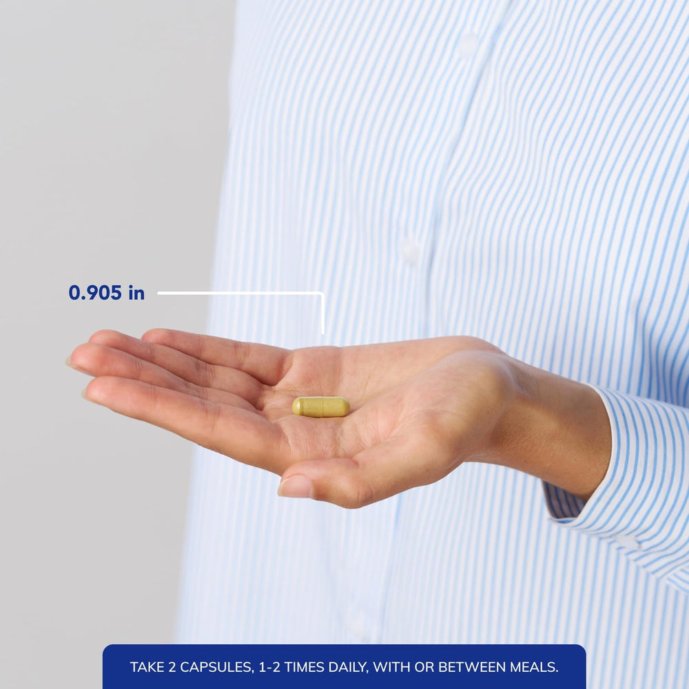 Bottle pour image showing easy dispensing of Aller-Essentials capsules
