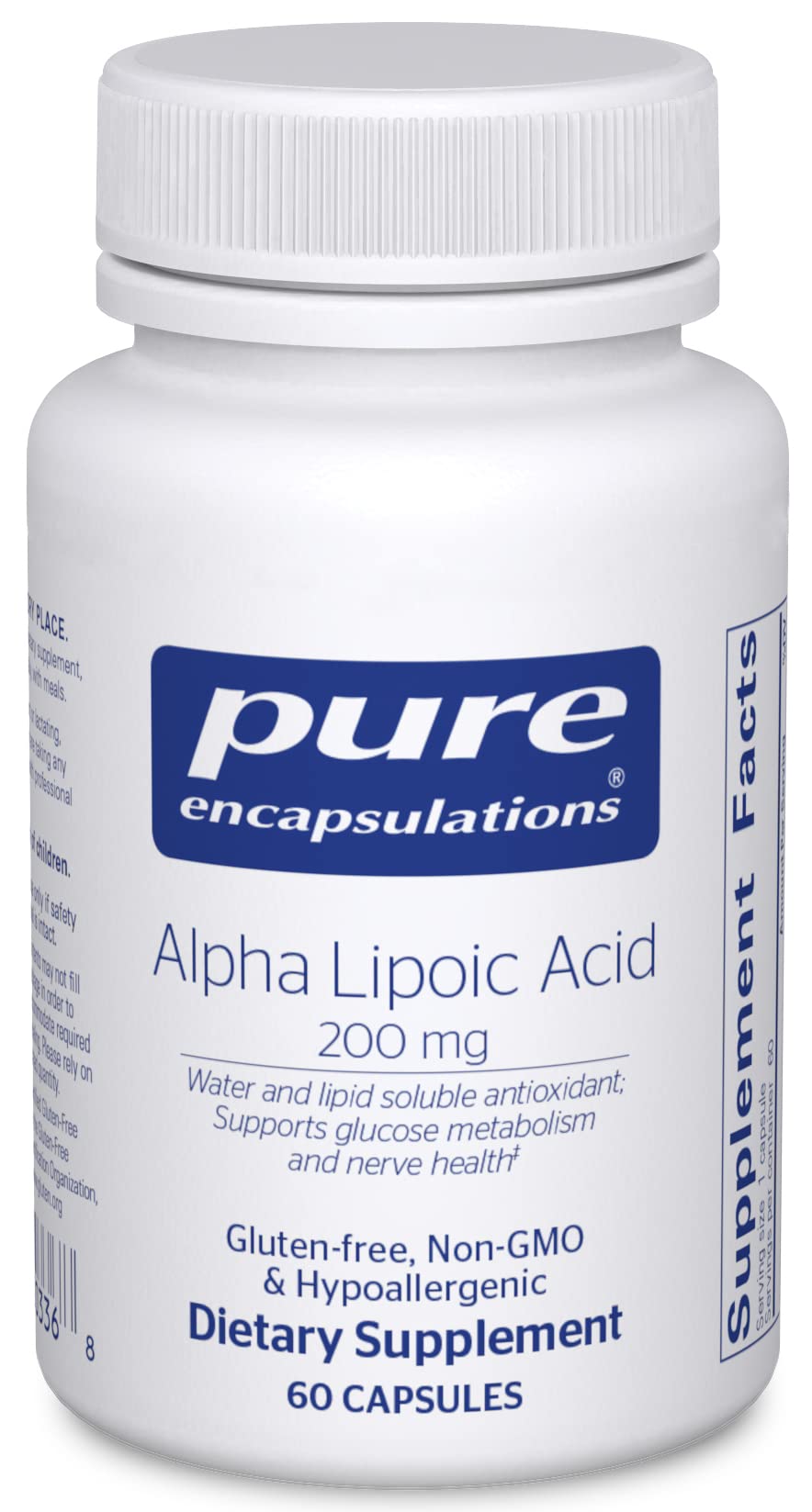 Pure Encapsulations Alpha Lipoic Acid 200 mg bottle cap image for daily metabolism support.