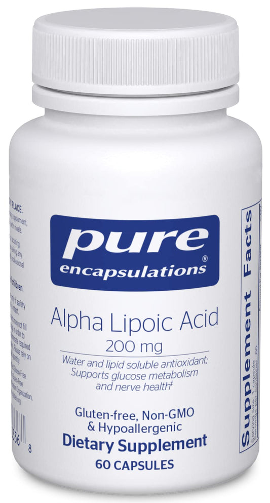 Pure Encapsulations Alpha Lipoic Acid 200 mg bottle cap image for daily metabolism support.