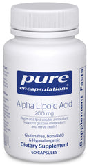 Pure Encapsulations Alpha Lipoic Acid 200 mg bottle cap image for daily metabolism support.