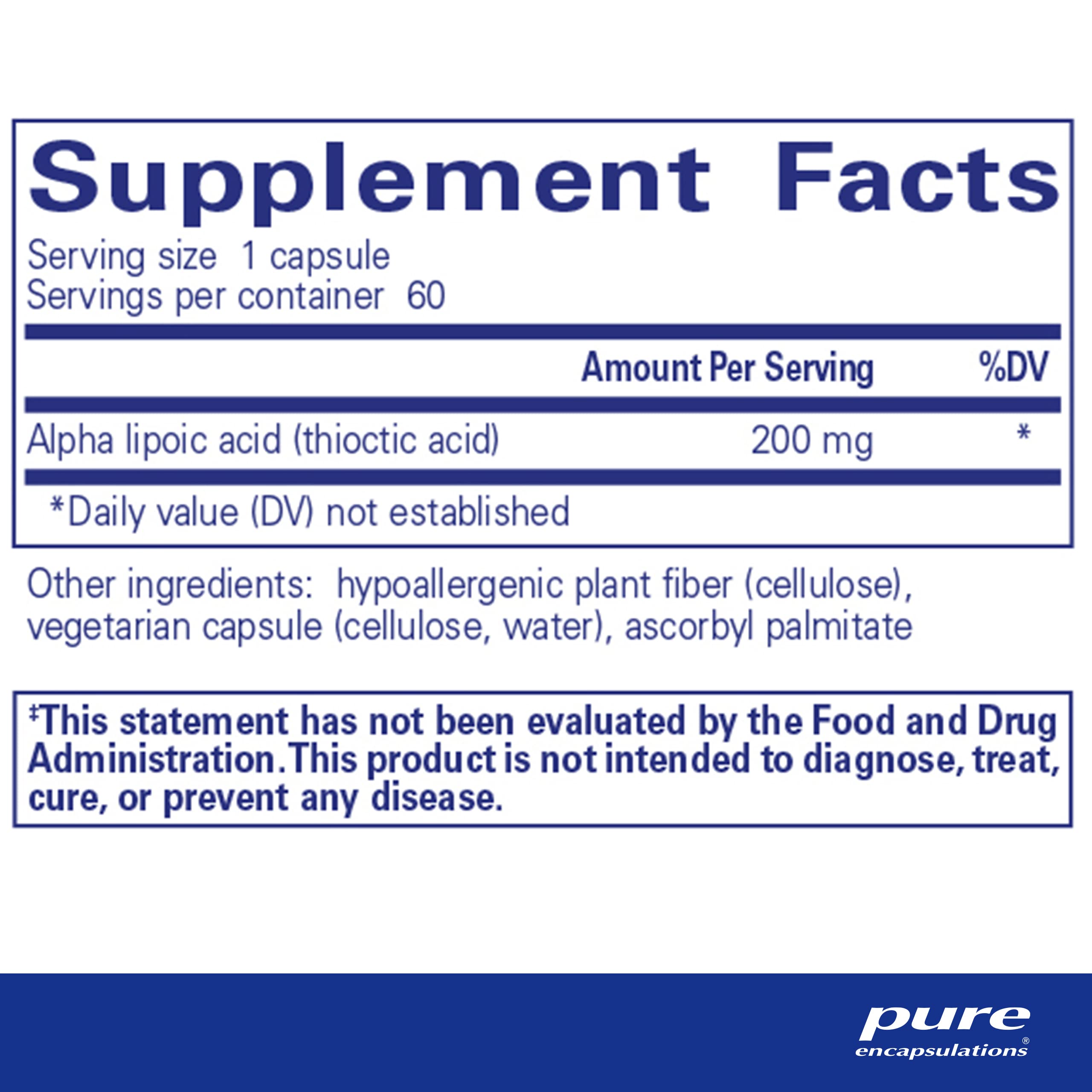 Pure Encapsulations Alpha Lipoic Acid 200 mg capsule close-up highlighting antioxidant support.