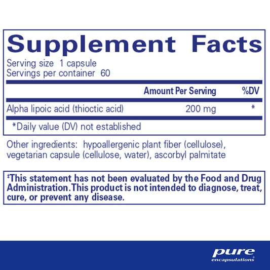 Pure Encapsulations Alpha Lipoic Acid 200 mg capsule close-up highlighting antioxidant support.