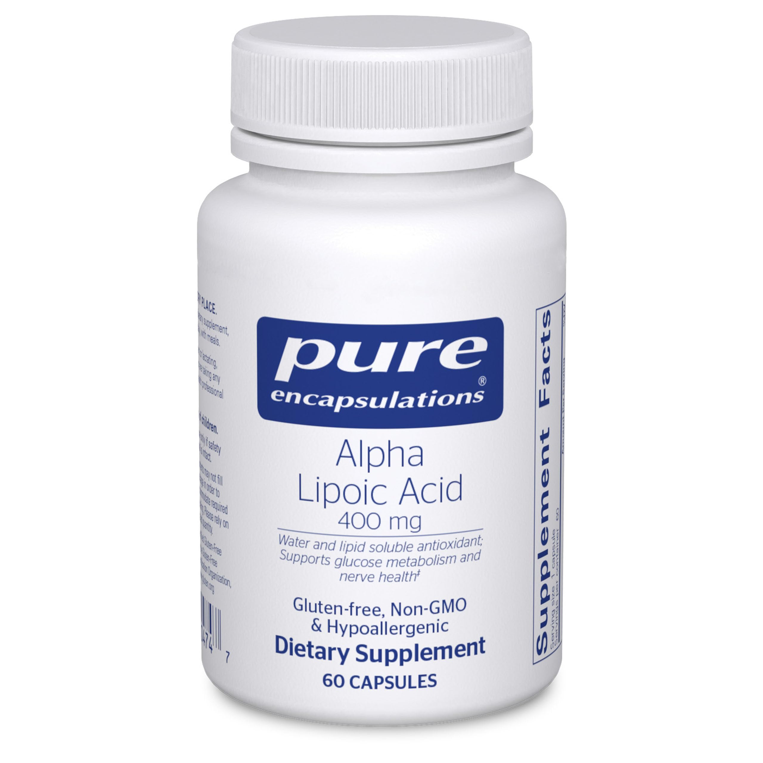 Pure Encapsulations Alpha Lipoic Acid 400 mg bottle, antioxidant balance.