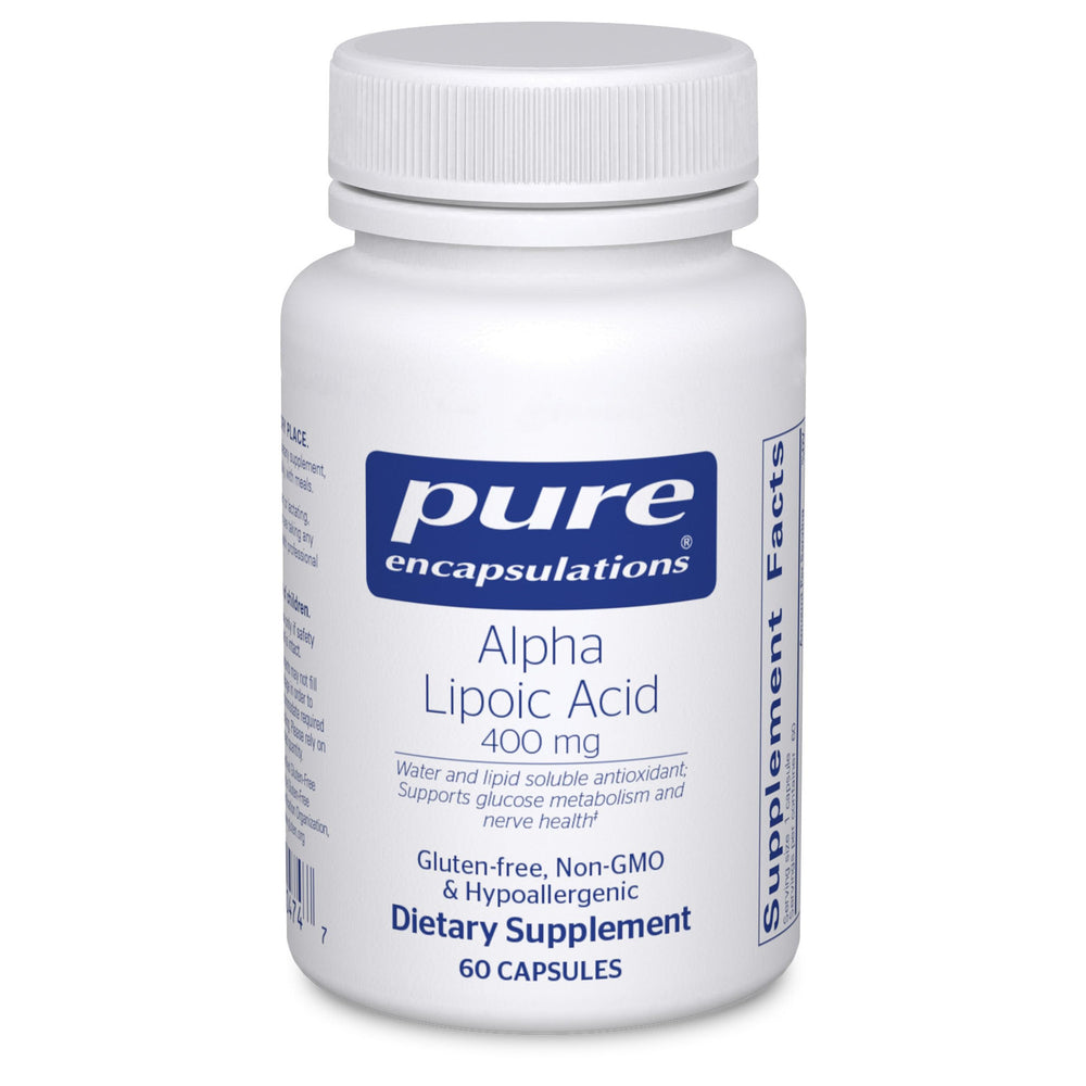 Pure Encapsulations Alpha Lipoic Acid 400 mg bottle, antioxidant balance.