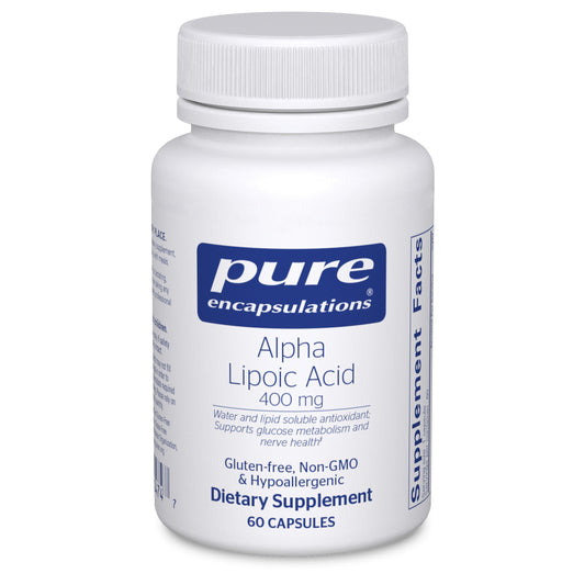 Pure Encapsulations Alpha Lipoic Acid 400 mg bottle, antioxidant balance.