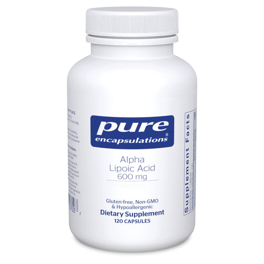 Pure Encapsulations Alpha Lipoic Acid 600 mg bottle shows premium antioxidant support packaging.
