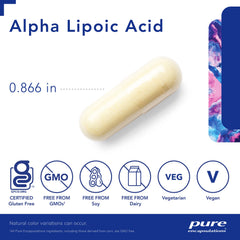 Pure Encapsulations Alpha Lipoic Acid packaging highlighting purity and allergen-free formulation.