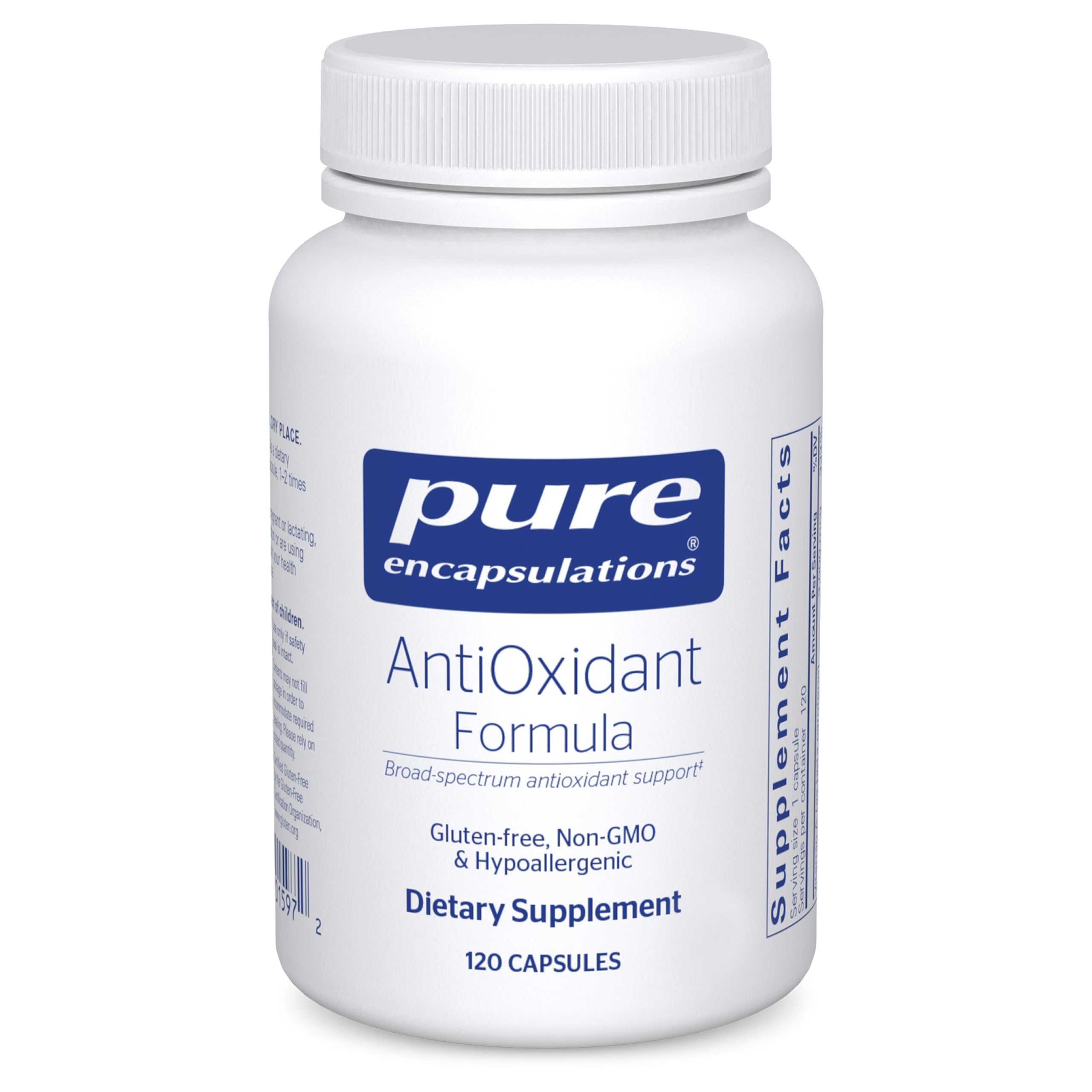 Pure Encapsulations AntiOxidant Formula front label shows nutrients for daily support.