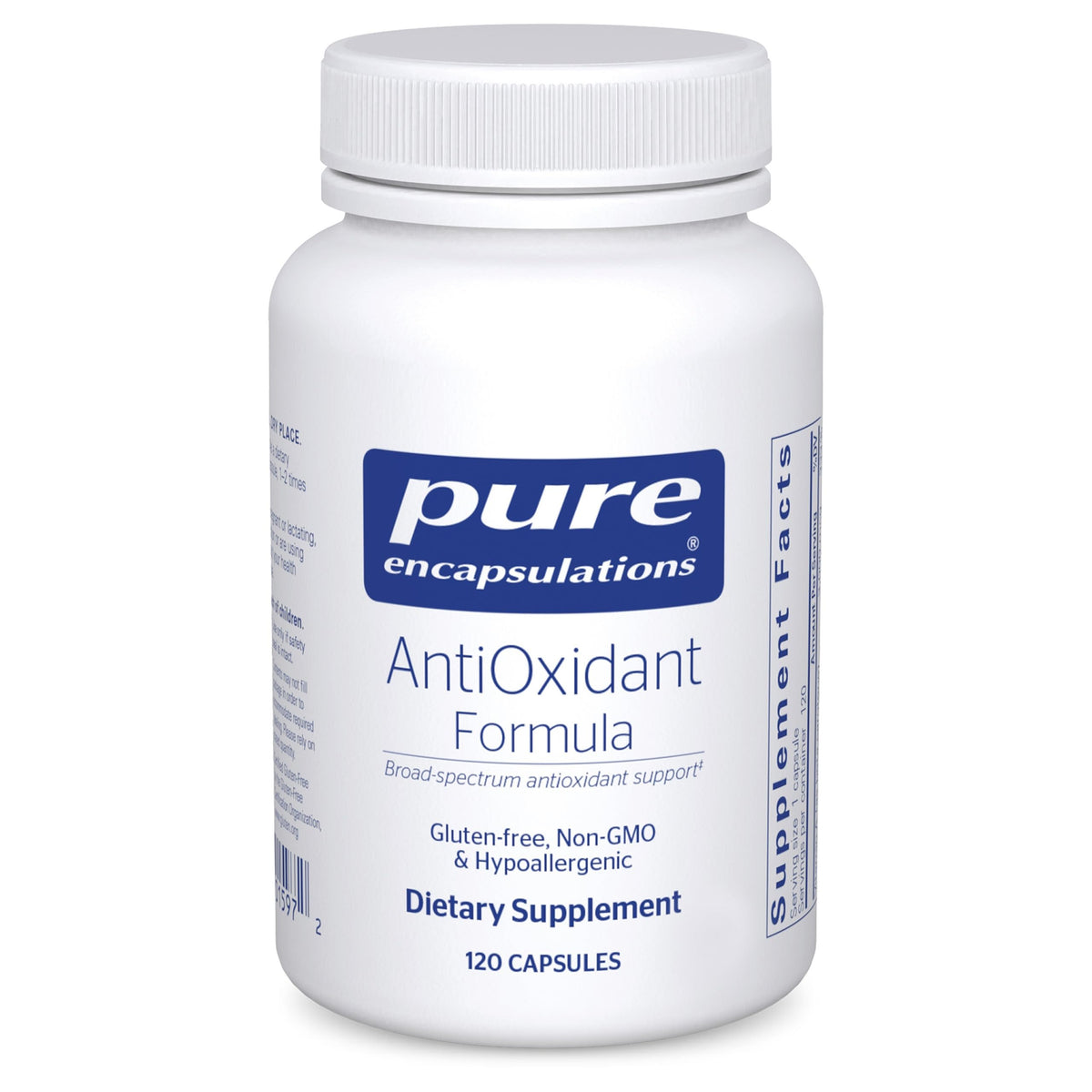 Pure Encapsulations AntiOxidant Formula front label shows nutrients for daily support.