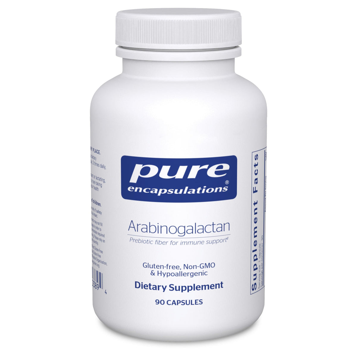 Pure Encapsulations Arabinogalactan bottle label highlighting immune support and purity.