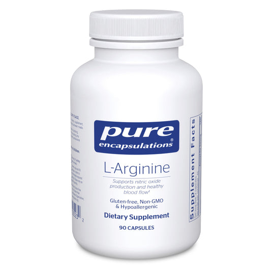 Pure Encapsulations L-Arginine bottle front shows 90 capsules for daily support